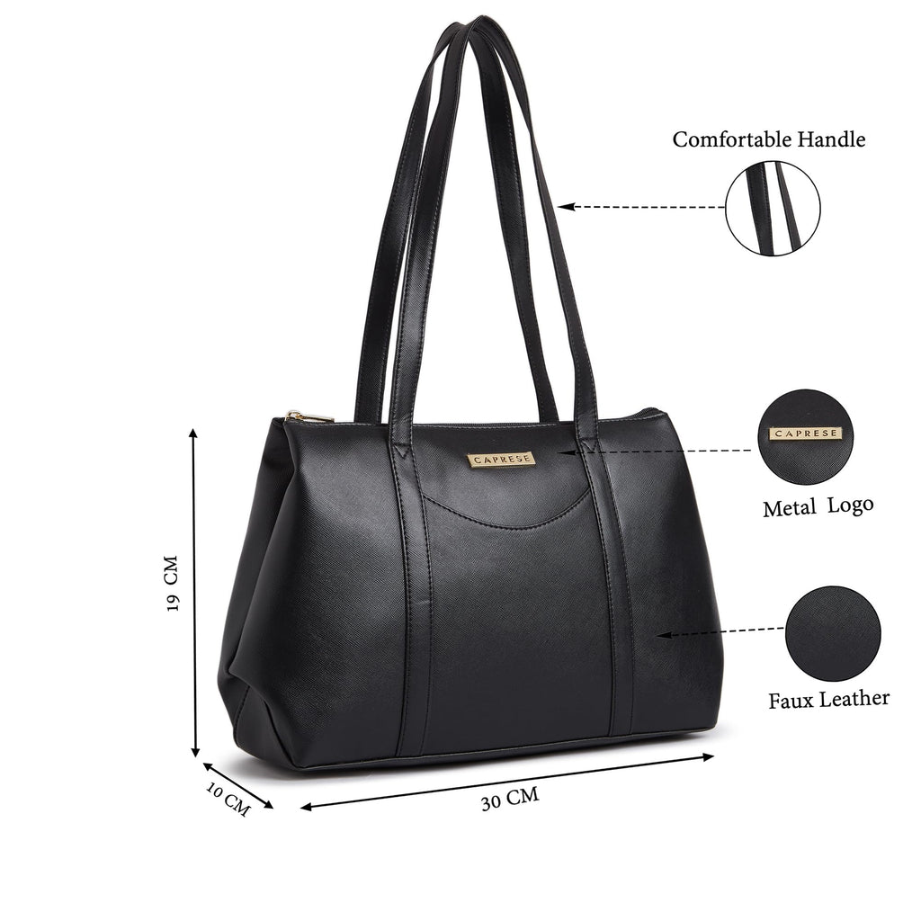 Caprese Meta Small Tote Bag for Women with Comfortable Straps | Stylish Shoulder & Handheld Bag | Fits Up to 16 Inch Laptop | Durable, Multi-Compartment Design for Work, Travel, Shopping (Black)