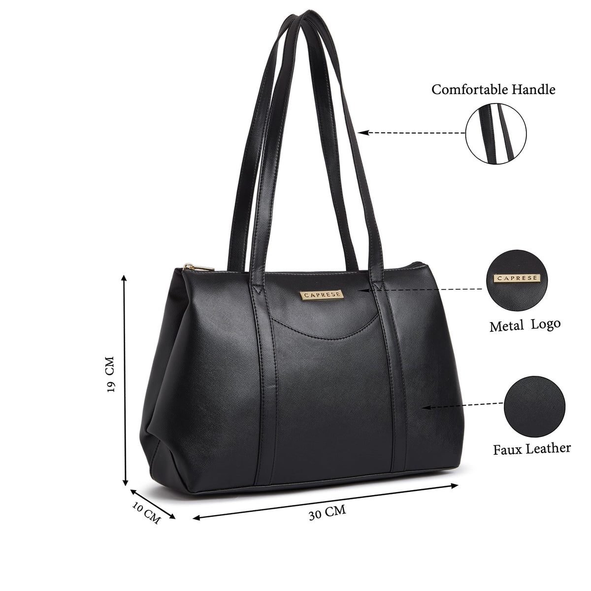Caprese Meta Small Tote Bag for Women with Comfortable Straps | Stylish Shoulder & Handheld Bag | Fits Up to 16 Inch Laptop | Durable, Multi-Compartment Design for Work, Travel, Shopping (Black)