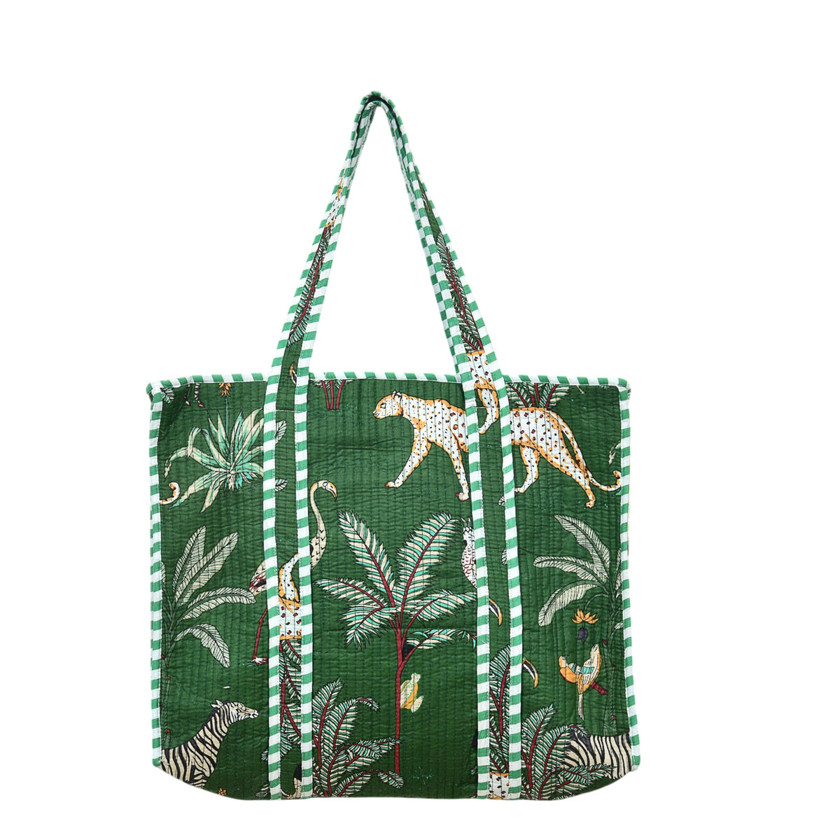 Cotton Quilted Tote Bag for Women, Jungle Print Handbag, Reusable Shoulder Bag with Dual Handles, Lightweight Travel Shopping Tote, Large Capacity Everyday Carry Bag- (Green bag, 15×15 In)