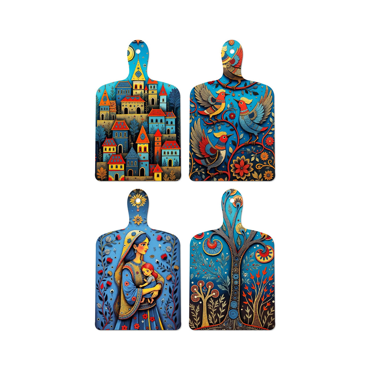Artvibes Village, Birds & Nature Theme Indian Folk Art Decorative Wall Hanging Ornaments | Printed Wall Decoration | Graphic Artwork | Wall Art Print | Scenery | Unique Gift Items (WH_5653N), Set of 4