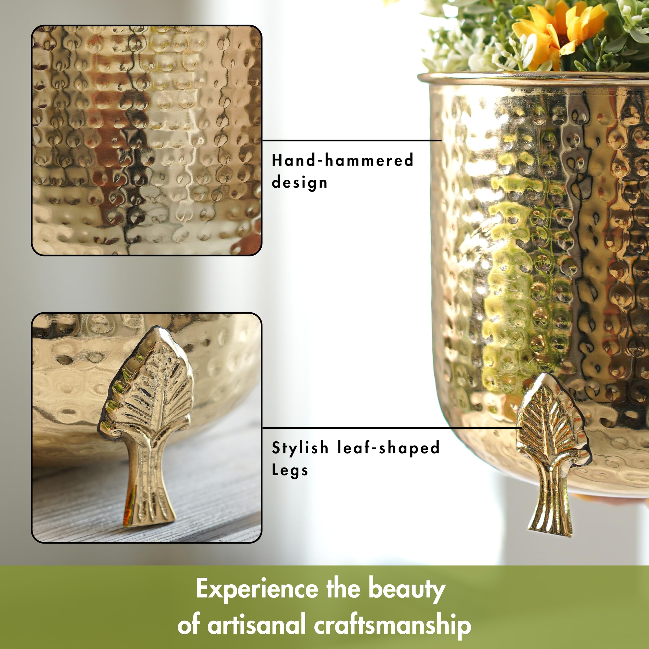BEHOMA Hammered Gold Metal Planter for Home, Golden - Set of 2