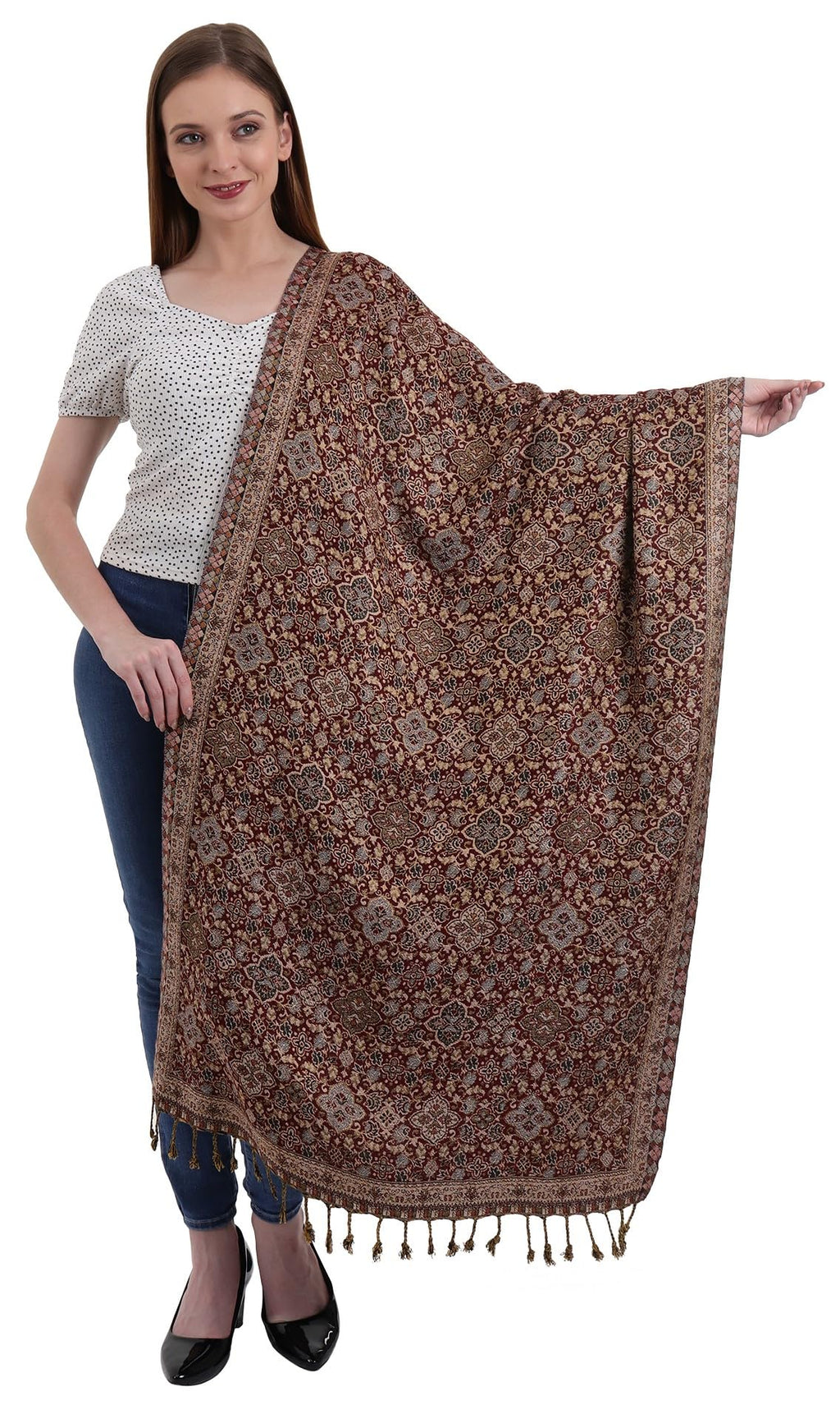 EH REVERSIBLE JAMAWAR MULTICOLOR VISCOSE SILK, FLORAL & PAISLEY SUPER SOFT PASHMINA STOLES/SCARF (FLORAL MAROON)