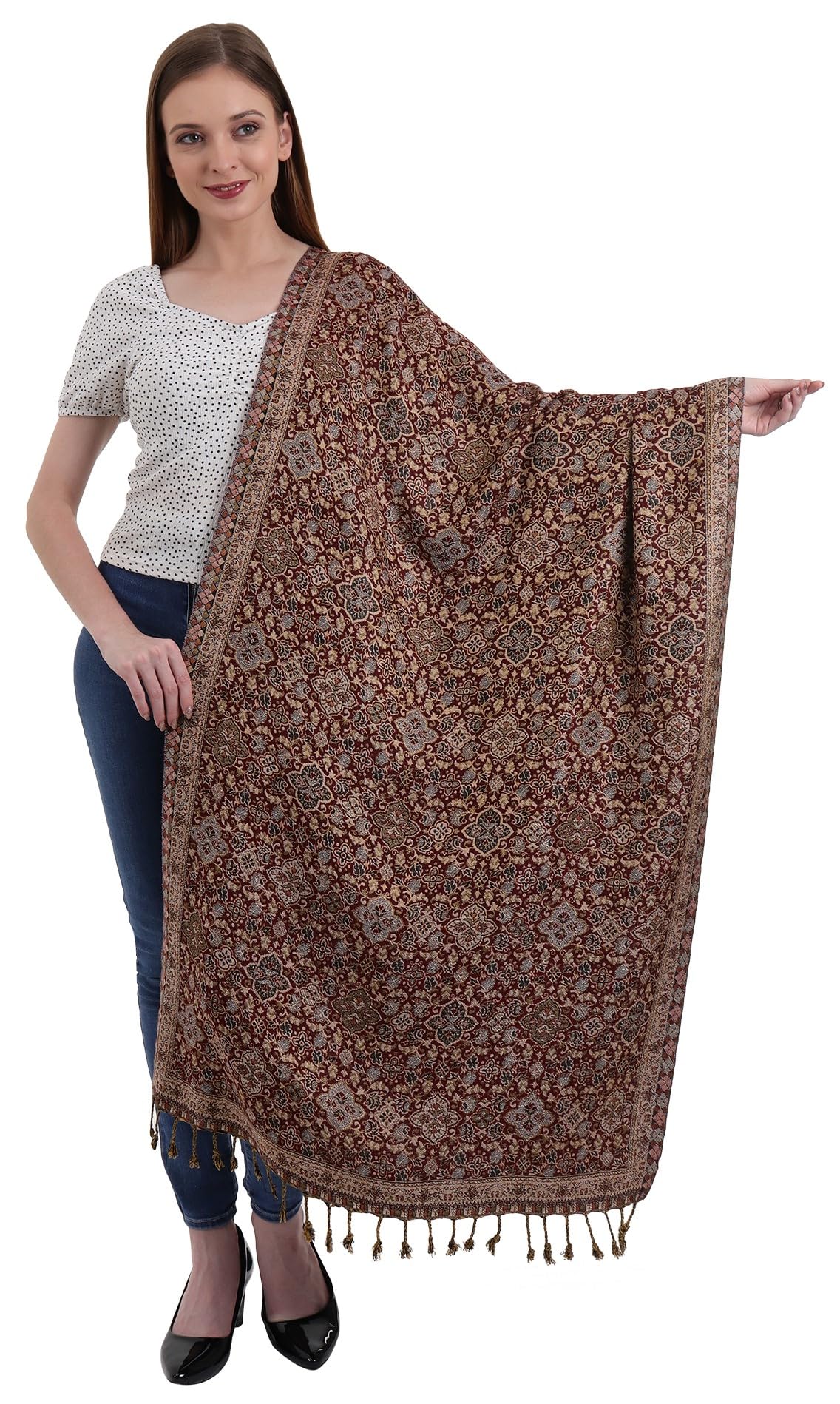 EH REVERSIBLE JAMAWAR MULTICOLOR VISCOSE SILK, FLORAL & PAISLEY SUPER SOFT PASHMINA STOLES/SCARF (FLORAL MAROON)