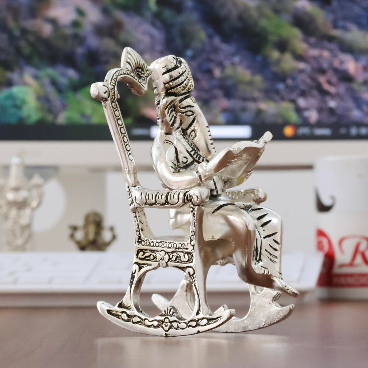 KridayKraft Metal Chair Ganesh ganpati Idol with Reading Ramayan Home Decoration and Gifts for Your Love Once