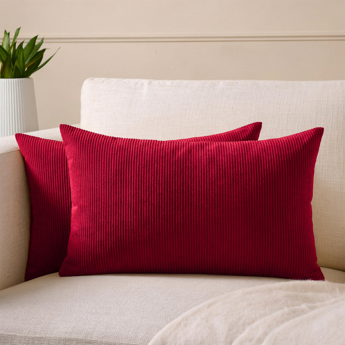 Encasa XO Corduroy Cushion Covers, No Inserts, Set of 2, Red