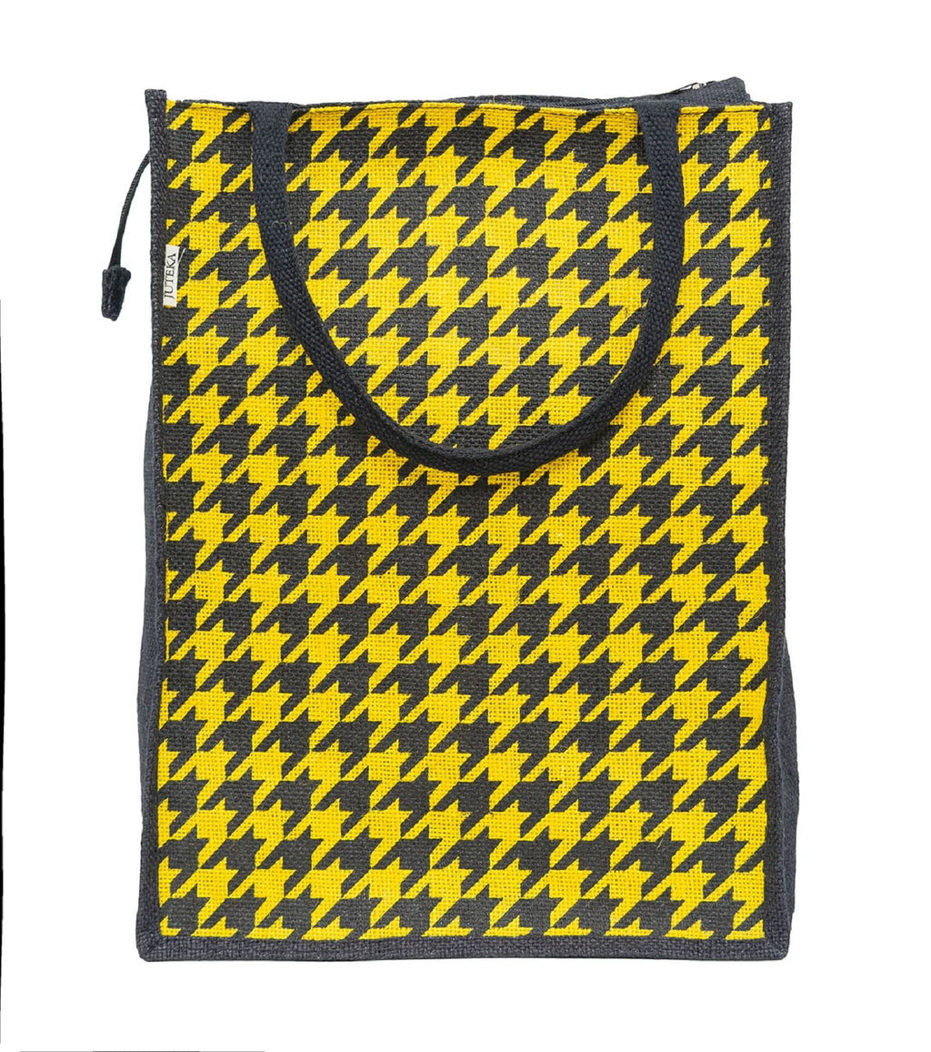 JUTEKA Yellow Houndstooth Printed Jute Lunch Bag - Grocery, Tote, Hand, Picnic Bag for Men, Women, Girls, Kids with Zip