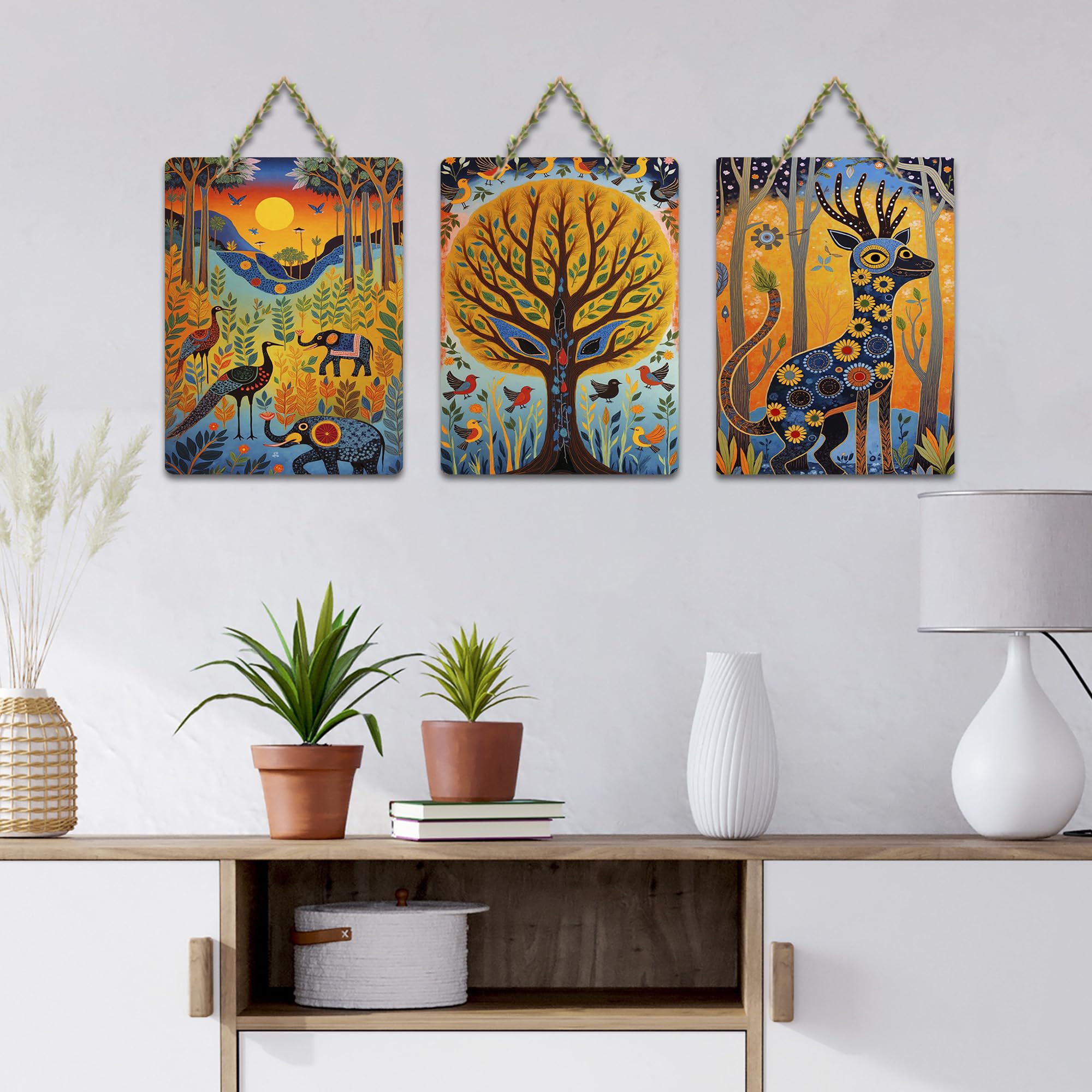 Artvibes Tribal Forest Decorative Wall Art MDF Wooden Wall Hanger for Living Room | Festive Decor Art | Artwork | Aesthetic Wooden Decor | Paintings For Wall | Unique Gift Items (WH_9675N), Set of 3