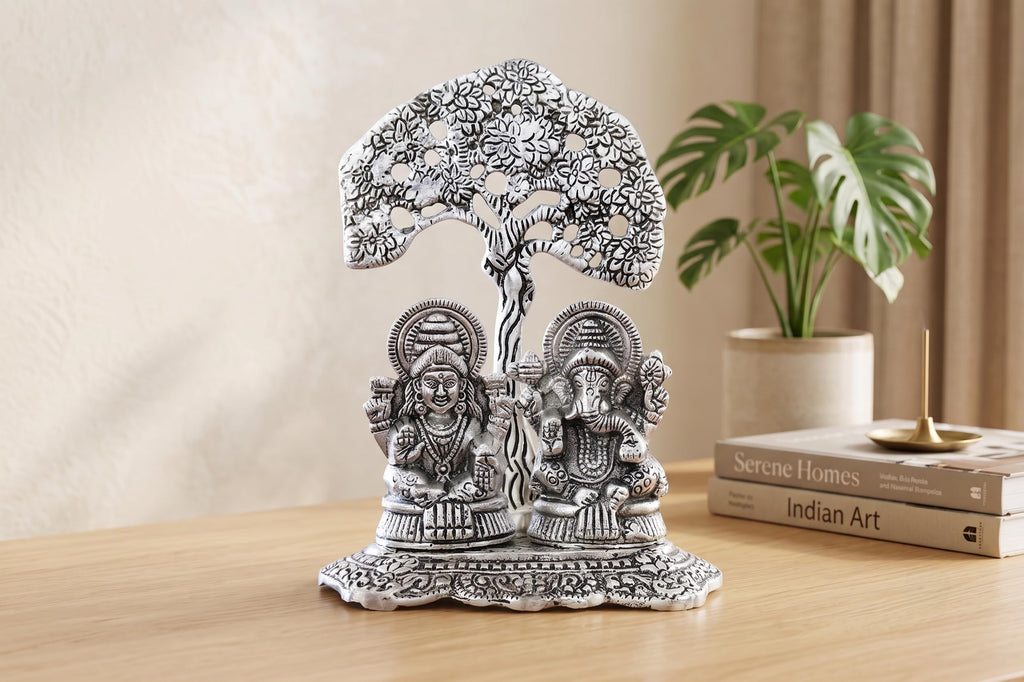 KridayKraft Silver Plated Laxmi Ganesha Tree Idol | Oxidized Finish Lord Ganesha & Goddess Lakshmi Tree Showpiece for Home Decor, Puja, Spiritual Growth, Office Desk, & Diwali Gifting.