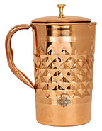 Indian Art Villa Dinamond Hammered Design Copper Jug Pitcher with Brass Knob, Storage & Serving Water, Yoga Ayurveda Healing, Volume- 1000 ML
