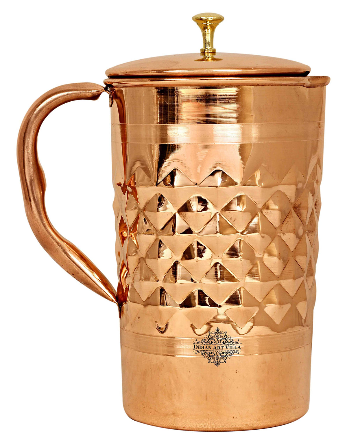 Indian Art Villa Dinamond Hammered Design Copper Jug Pitcher with Brass Knob, Storage & Serving Water, Yoga Ayurveda Healing, Volume- 1000 ML