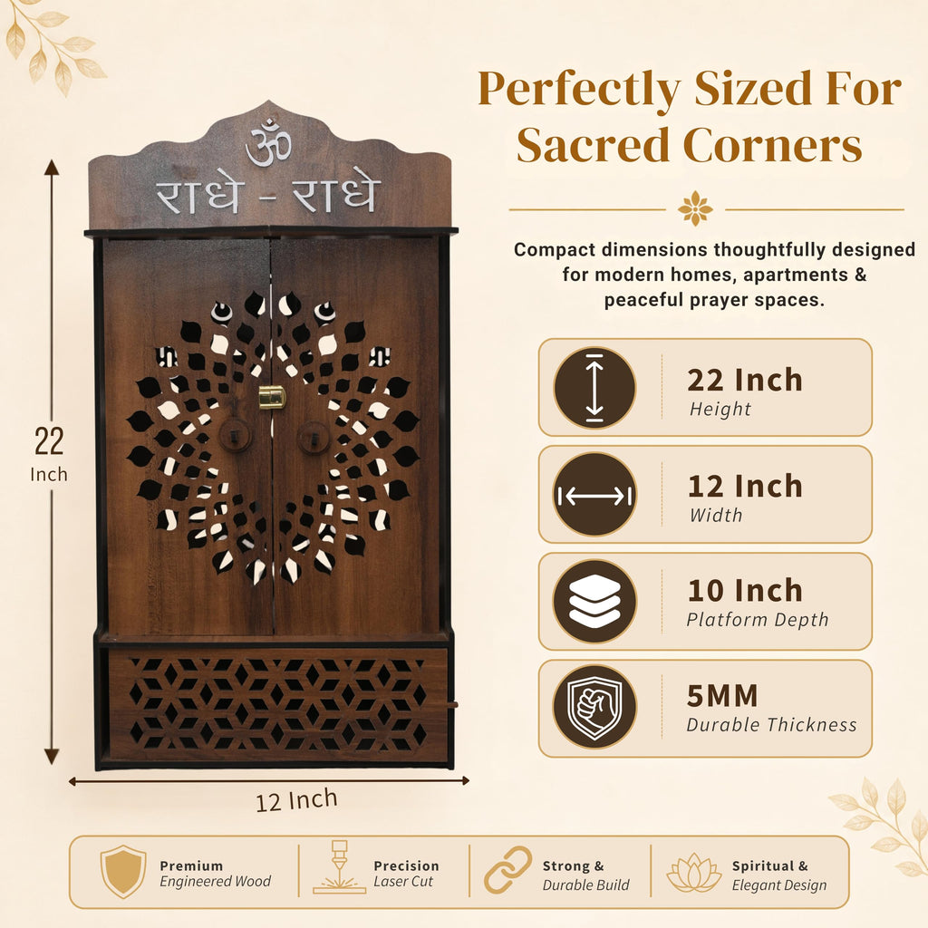 Venlay Wood Premium Wooden Home Mandir with Openable Doors & Storage Drawer - Walnut Brown Finish Pooja Ghar Featuring Silver Radhe-Radhe & Om Accents - Compact Wall Hanging & Desktop Temple