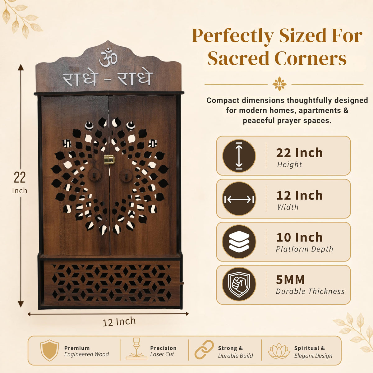 Venlay Wood Premium Wooden Home Mandir with Openable Doors & Storage Drawer - Walnut Brown Finish Pooja Ghar Featuring Silver Radhe-Radhe & Om Accents - Compact Wall Hanging & Desktop Temple