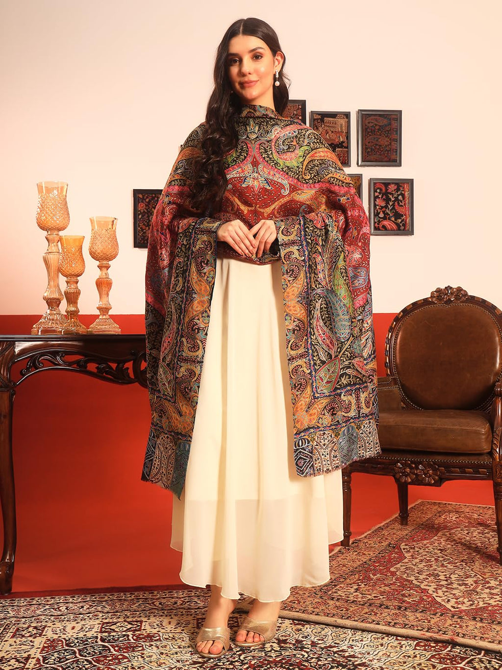 Pashmoda Women Daastaan Fine Wool Fabric Pashmina Kalamkari Embroidered Shawl (Size: 40x80in, 101x203cm) KAS15