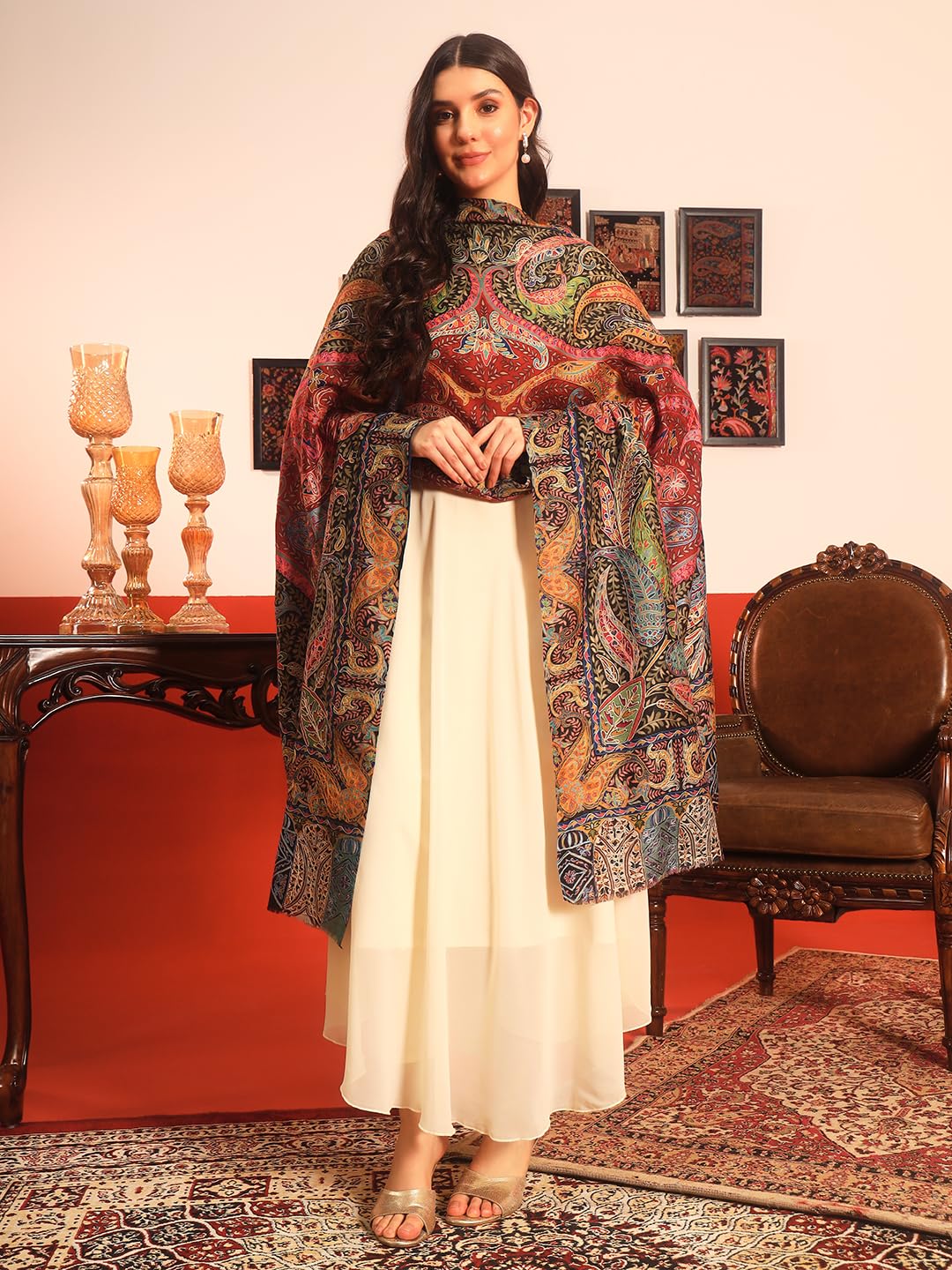 Pashmoda Women Daastaan Fine Wool Fabric Pashmina Kalamkari Embroidered Shawl (Size: 40x80in, 101x203cm) KAS15