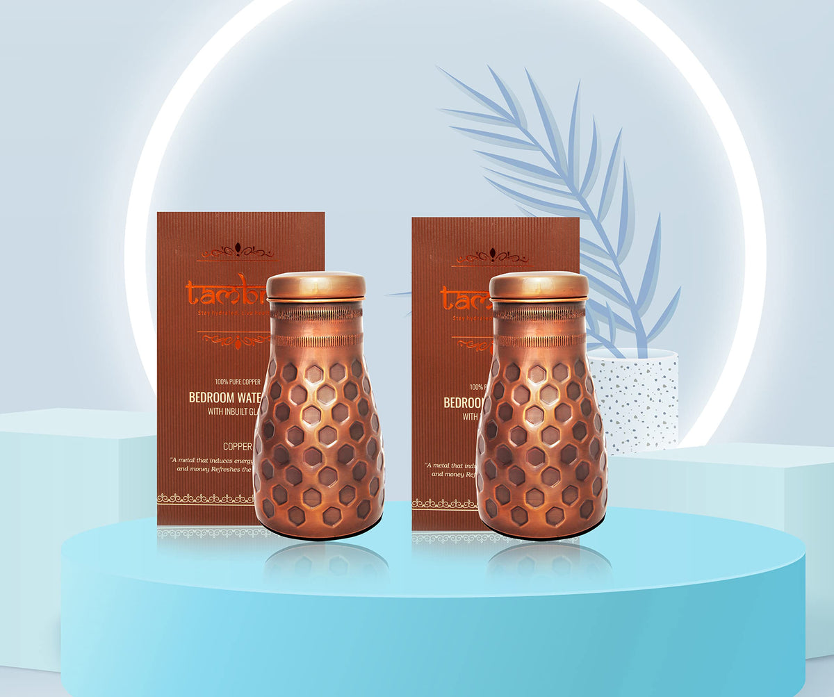 Tambra Copper Bedroom Jar with Inbuilt Glass | Rarity Diamond Design | Handcrafted, Leakproof, Jointless | Ayurvedic Benefits, Antioxidant Properties | 1200 ml (Pack of 2)