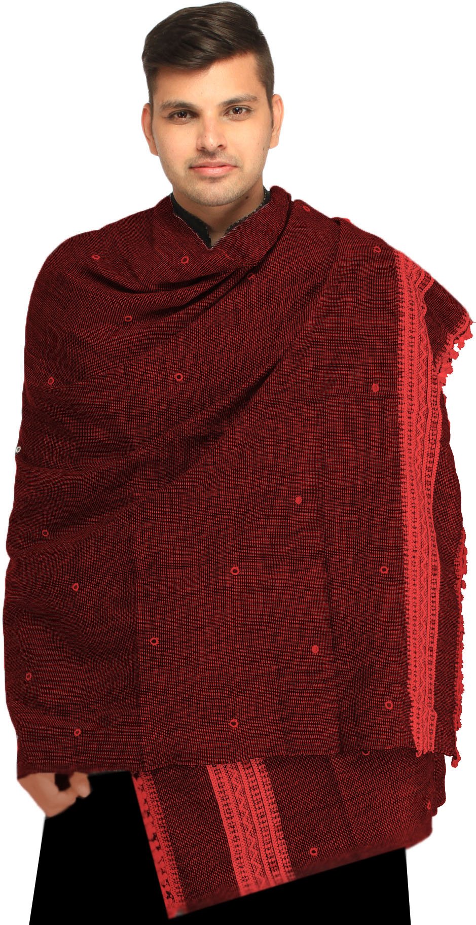 Exotic India Men's Kutch with Woven Border and Embroidered Mirrors Pure Wool Shawl (SWI77--black-and-red)