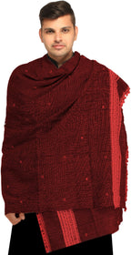 Exotic India Men's Kutch with Woven Border and Embroidered Mirrors Pure Wool Shawl (SWI77--black-and-red)