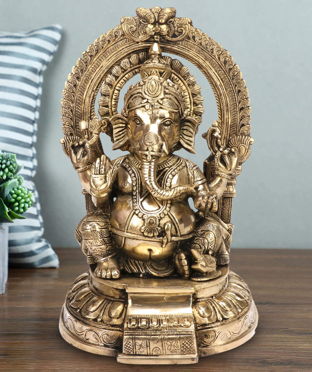 ARTVARKO Brass Lord Ganesha Sitting on Singhasan Idol Ganesh Bhagwan Ganpati Murti Statue for Home Decoration Entrance Showpiece and Gift 12 Inch