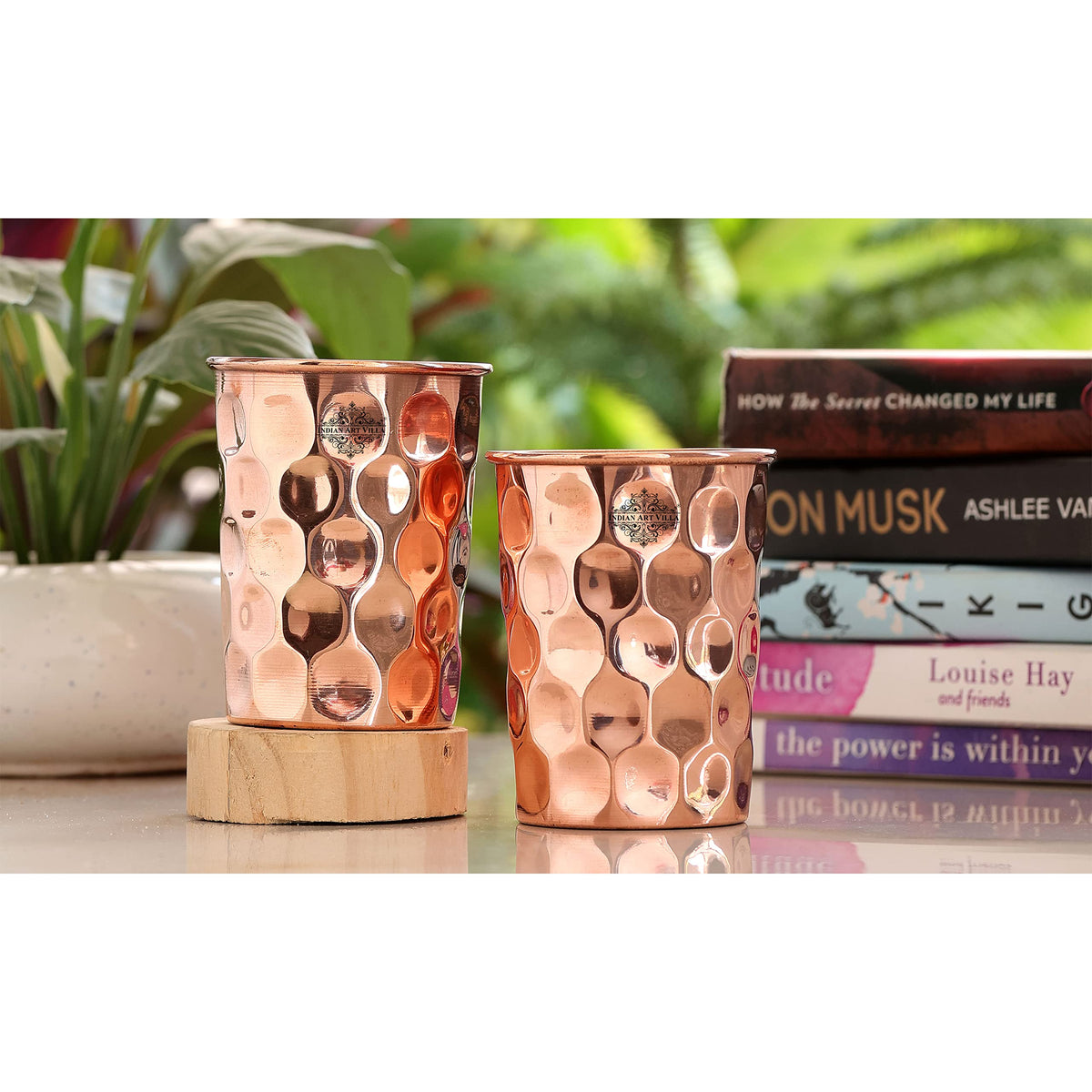 INDIAN ART VILLA Pure Copper Plain Glass with Diamond Hammered Design, Drinking Serving Water, Yoga Ayurveda, Volume-300 ml, Pack of 2