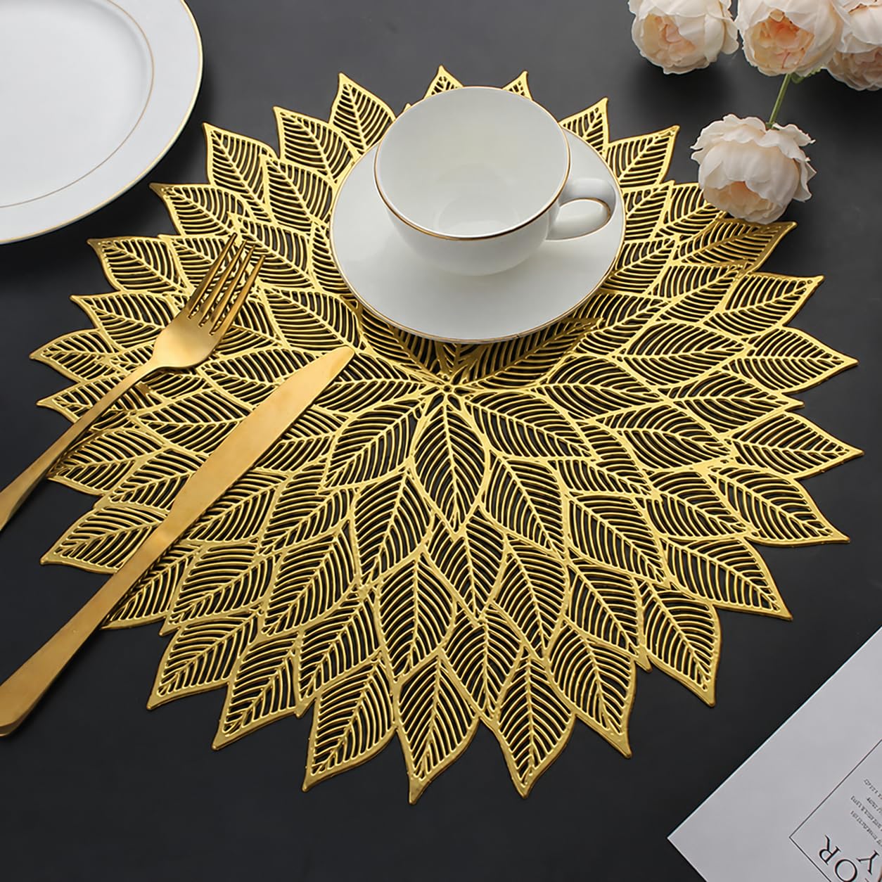 HomeCloud Polyvinyl Chloride Table Mat Round Shape| Table Mat Round | Cutwork Design Mat | Dining Table Mats | Dressing Table Mats | Bed Side Table Mats (Flower_Gold, 2) Kafalo