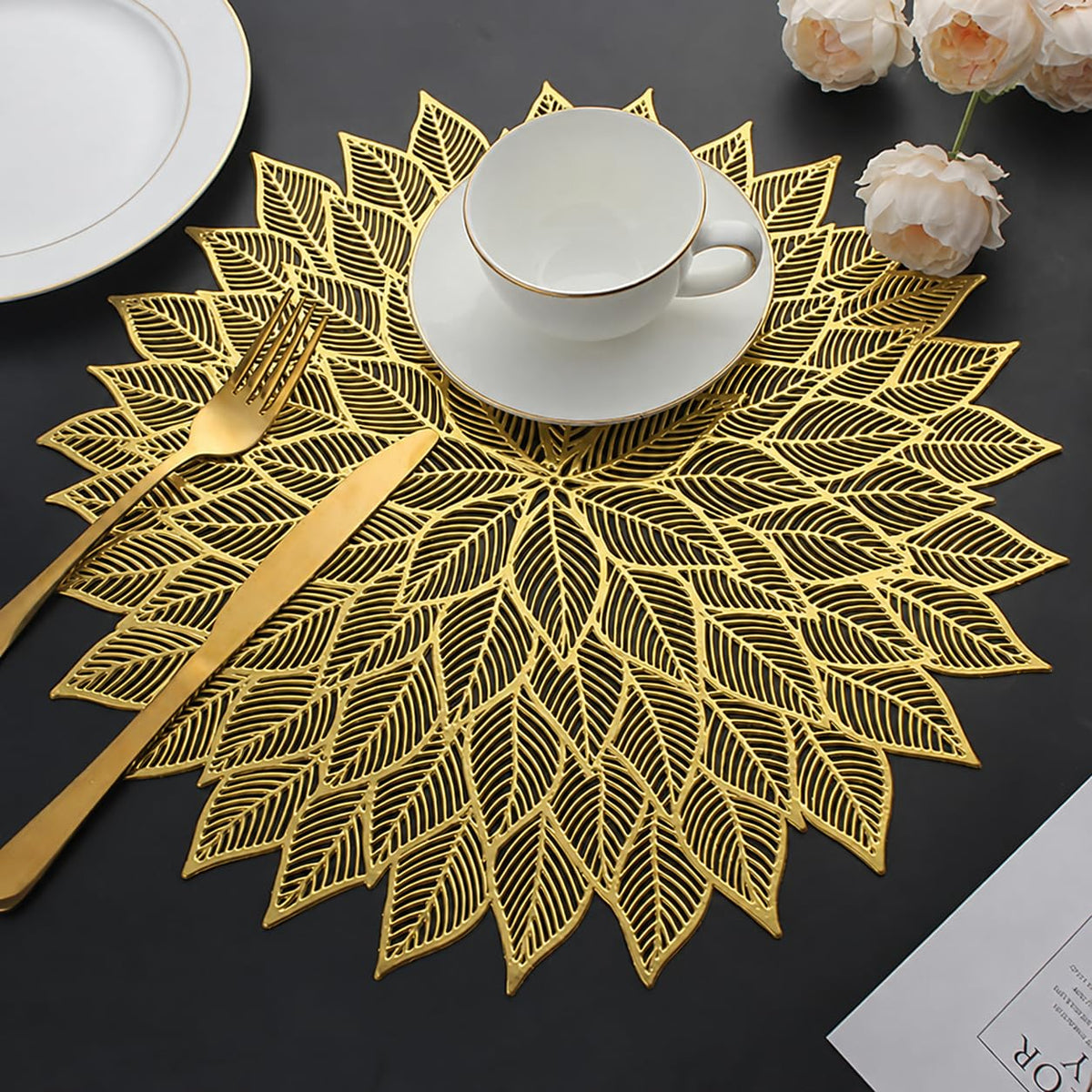HomeCloud Table mat Round Shape| Table mat Round | Cutwork Design mat | Dining Table mats | Dressing Table MATS | Bed Side Table mats (Flower_Gold, 6) Kafalo
