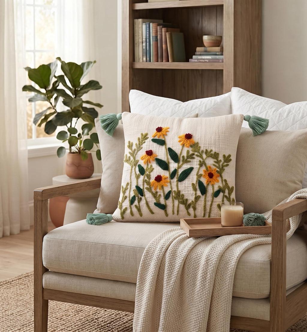 Furnistitchs Handmade Tufted Boho Cushion Covers 12x12 Inches | Embroidered Sofa Pillow Cases | Rustic Bohemian Decorative Throw Cushions for Couch Bedroom Living Room (2, Natural Flower Cut)