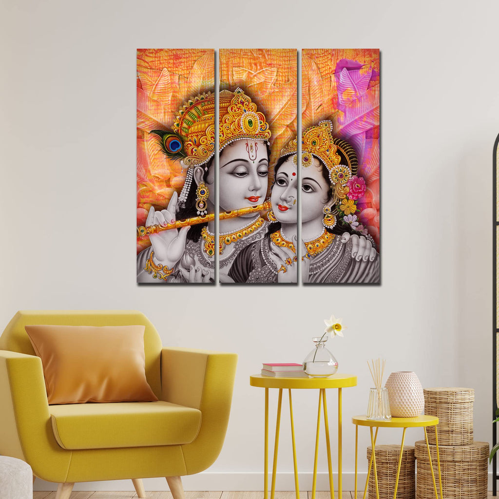 VIBECRAFTS Beautiful Radha Krishna Playing Flute 3 Pieces Canvas Wall Painting Fitted With Wooden Frame For Home | Office | Living Room | Gifts (PTVC3Pcs1_9542)