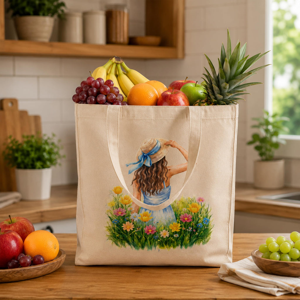 Filloxy Cotton Canvas Tote Bag -350 GSM | Heavy Duty Grocery, Office, Lunch, Travel & Gift Carry Bag | Printed Canvas Shoulder Tote (Natural Cotton) (cotton girl print bag -31 cm X 35 cm)