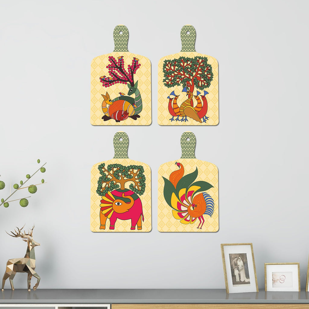 Artvibes Tree, Bird & Animal Theme Madhubani Art Wooden Wall Hanger for Home Decor | Garden Balcony| Stylish Modern Decor Item | Trendy Decor | Wall Illustrations | Gift Items (WH_5663N), Set of 4