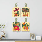 Artvibes Tree, Bird & Animal Theme Madhubani Art Wooden Wall Hanger for Home Decor | Garden Balcony| Stylish Modern Decor Item | Trendy Decor | Wall Illustrations | Gift Items (WH_5663N), Set of 4