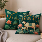 STITCHNEST Satin Cushion Covers Green Ethnic Print with Cow, Lotus & Bell Art, 16x16 Inch (Pack of 2)