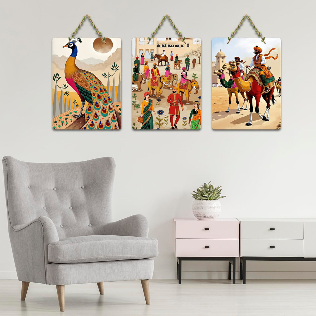 Artvibes Royal Rajasthan Artwork Wooden Art Decoration Item for Living Room | Room Wall Art | Wood Decorative Items | Modern Decoration | Aesthetic Wooden Decor | Ideal Gifts (WH_96121N), Set of 3