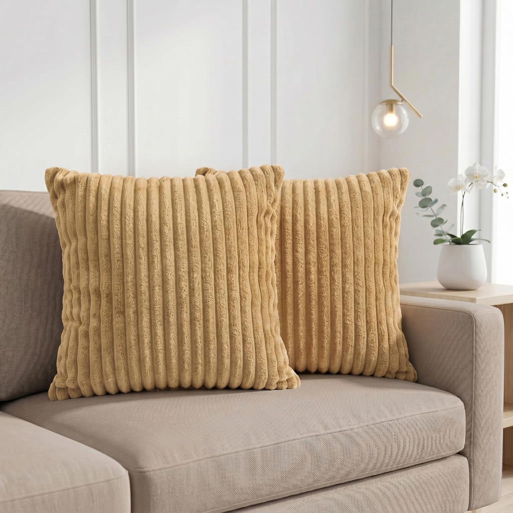 Yellow Weaves Pencil-Stripe Fur Cushion Covers | Soft Polyester | Decorative Sofa & Throw Pillow Covers | 16x16 Inches, Pack of 2 (Golden Brown)