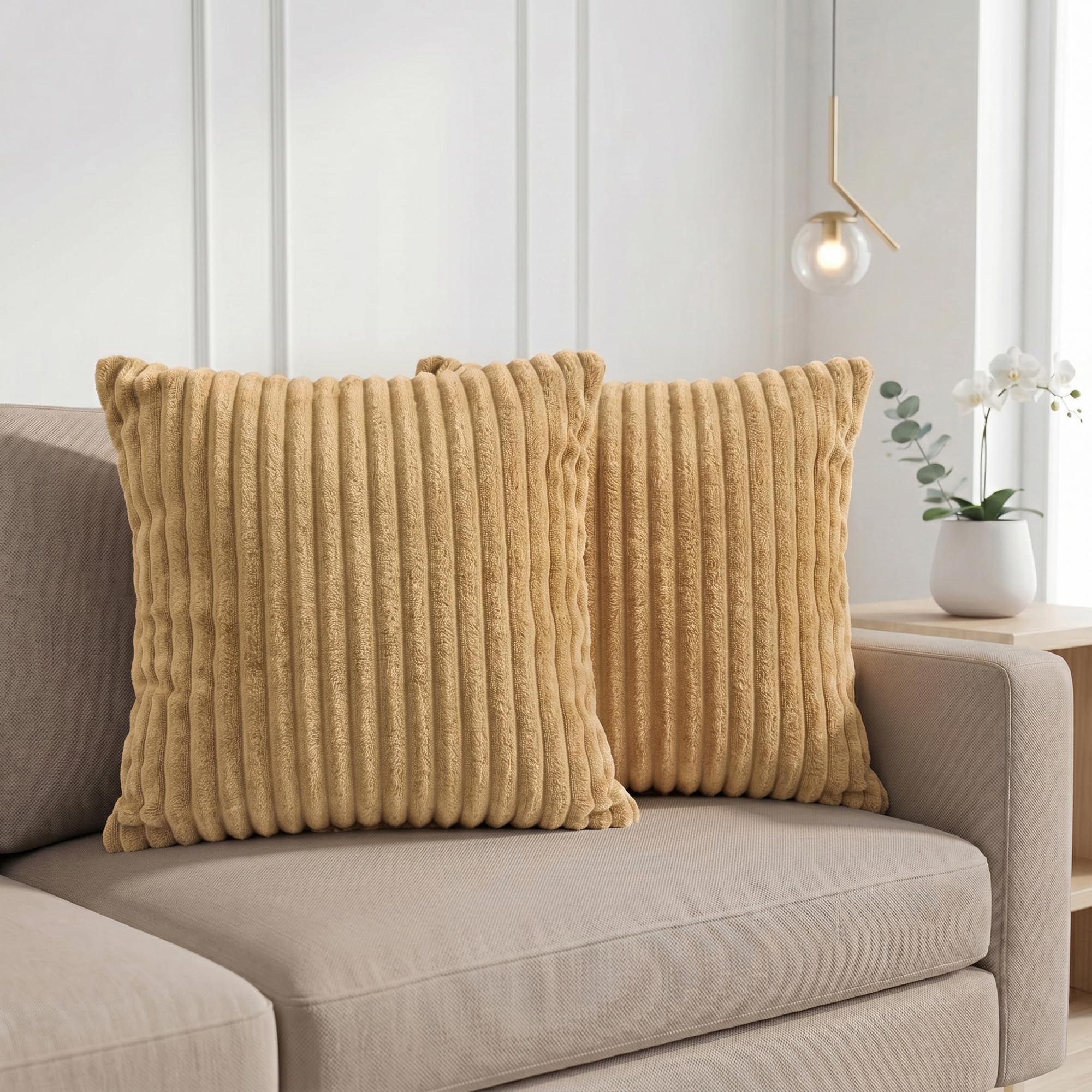 Yellow Weaves Pencil-Stripe Fur Cushion Covers | Soft Polyester | Decorative Sofa & Throw Pillow Covers | 16x16 Inches, Pack of 2 (Golden Brown)