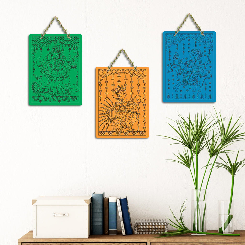 Artvibes Mytholgical Gods Kalamkari Art Wall Hanging Home Decorative Wall Art for Living room | Spiritual Decor Items | Wall Poster| Stylish Modern Decor Item | Gift Items (WH_96163N), Set of 3
