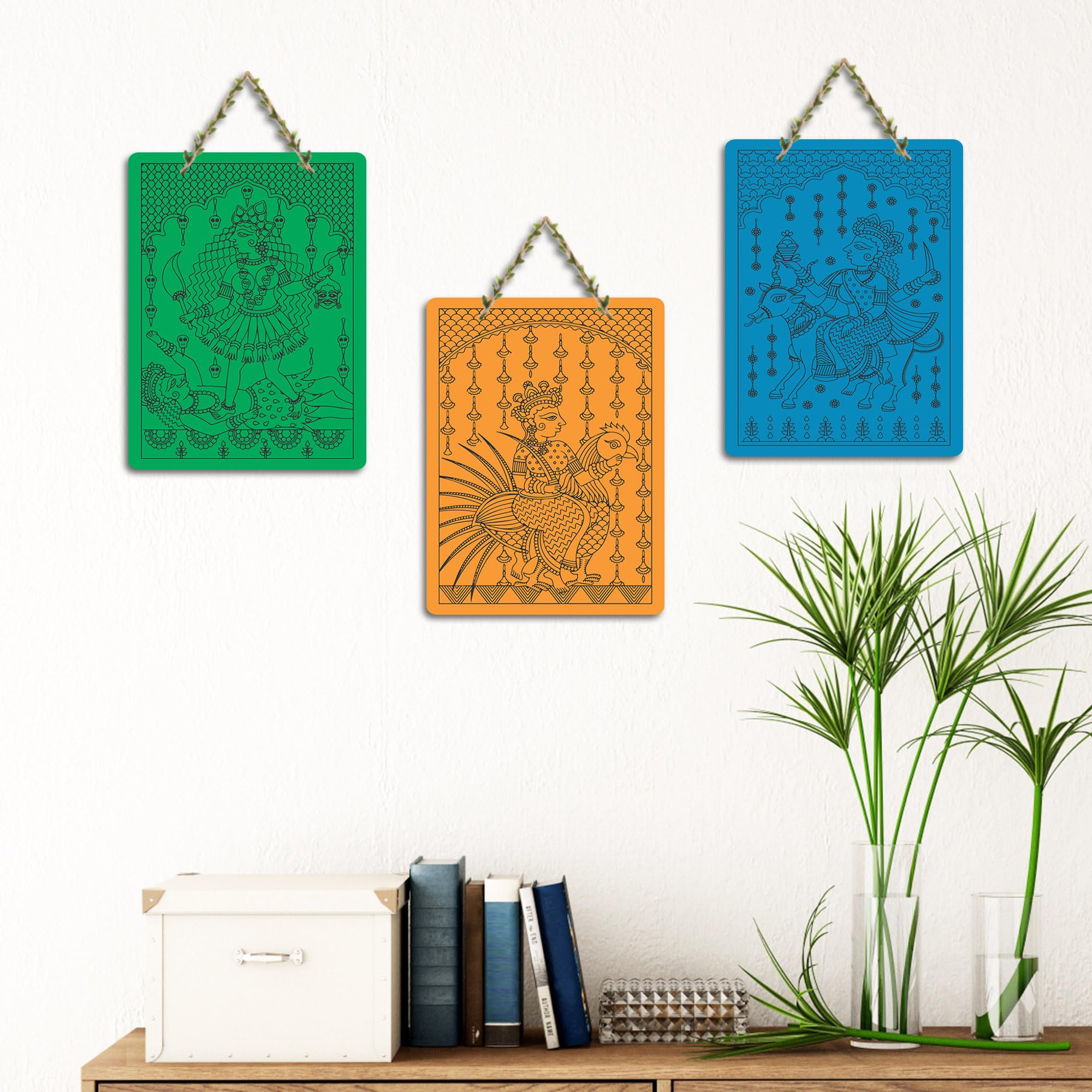 Artvibes Mytholgical Gods Kalamkari Art Wall Hanging Home Decorative Wall Art for Living room | Spiritual Decor Items | Wall Poster| Stylish Modern Decor Item | Gift Items (WH_96163N), Set of 3
