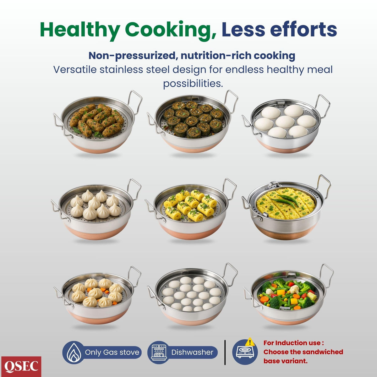 QSEC Stainless Steel 5 plate - 29 cm Idli Maker Multi Kadai with Copper Bottom, 5L Heavy Gauge Idli steamer set, 5 Plates (2 Idli, 2 Dhokla, 1 Momo & Patra Steamer ), Gas Stove , Food Grade, 2 Year Warranty