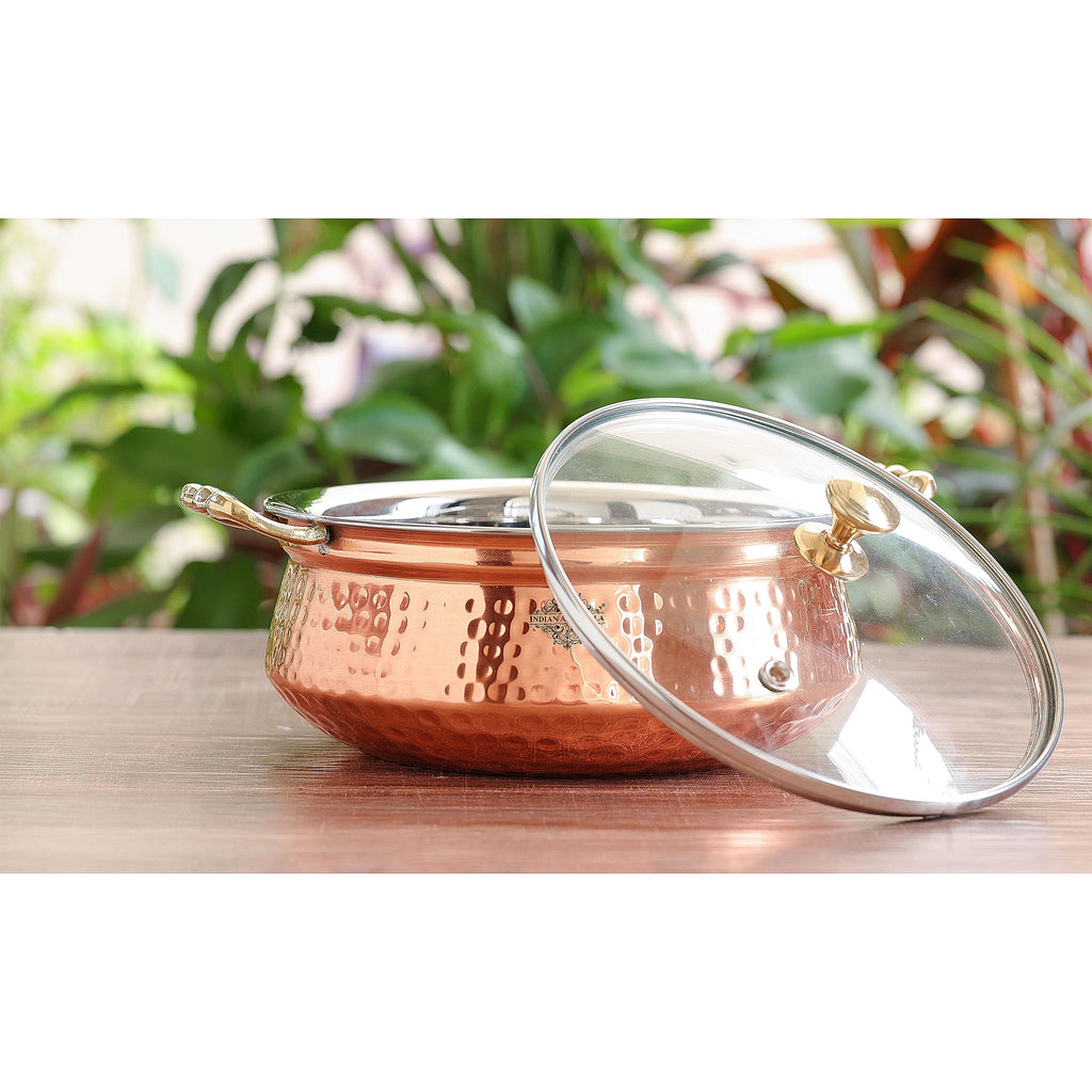 Indian Art Villa Steel Copper Hammered Design Handi/Bowl/Casserole with Toughened Glass Lid & Brass Knob & Handles, Volume-400 ml, Pack of 6