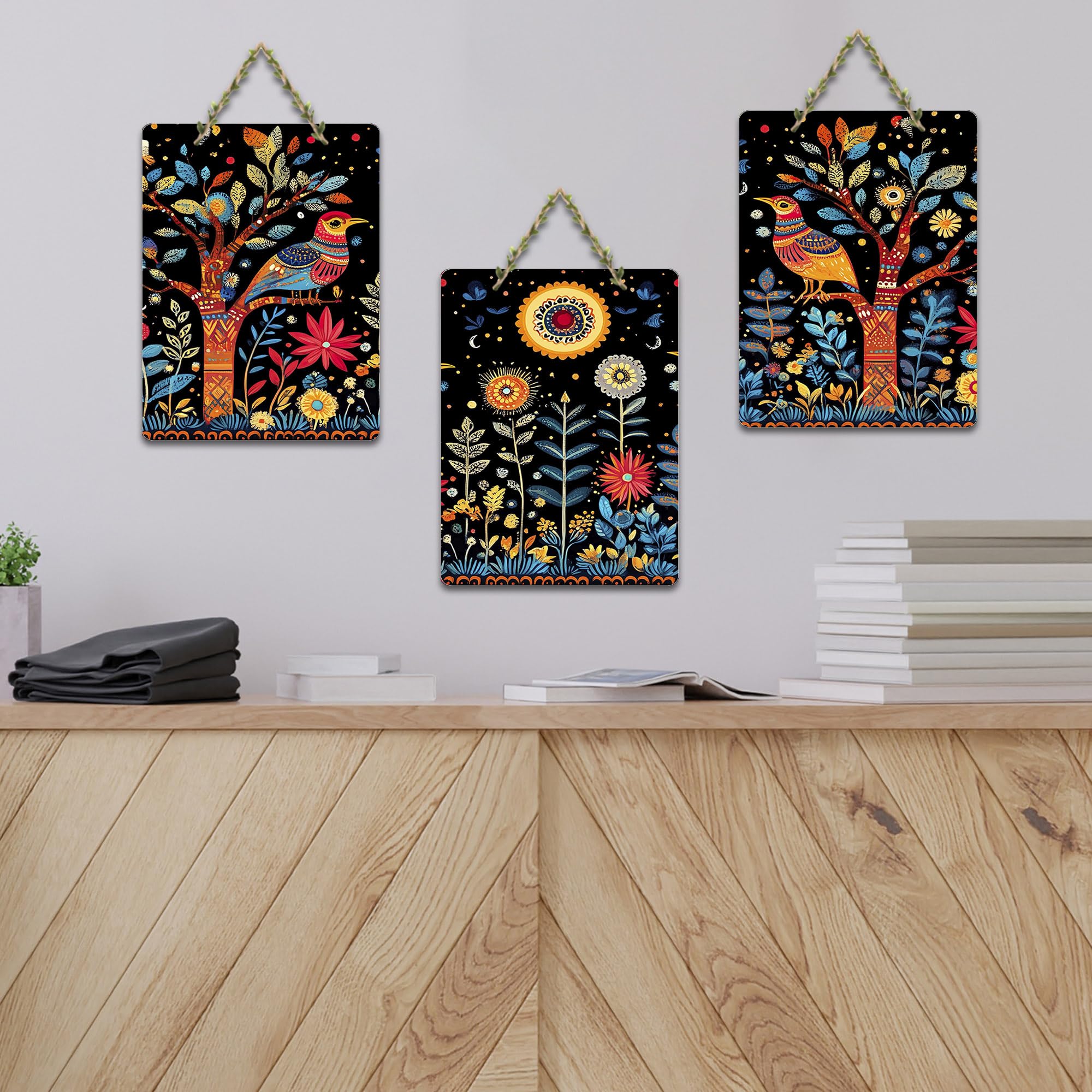 Artvibes Colorful Birds Floral Motifs & Gorgeous Trees Decorative MDF Wooden Wall Art for Home | Wall Accent | Sceneries | Wall Illustrations | Graphic Artwork | Unique Gift Items (WH_9679N), Set of 3