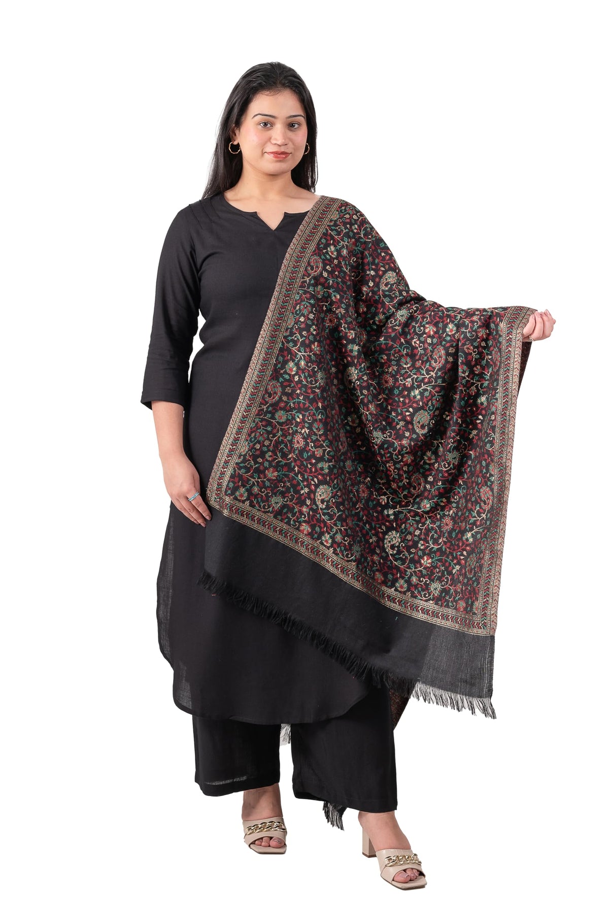 Naureen Women Faux Pashmina Kani Stole with Floral Motifs and Zari Accents, Soft and Lightweight, For Summer and Winter, 28x80 inch