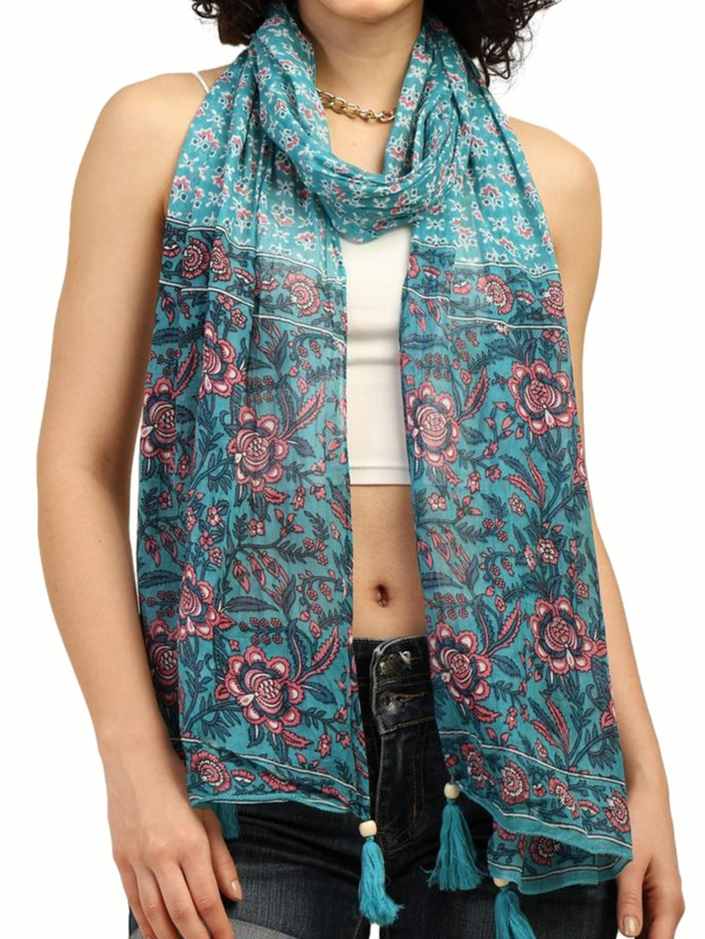 KE KANHA EXPORTS Scarf for Women Premium Cotton Boho | Dual Tone Border Print Stole with Tassels | Lightweight Summer Beach Wrap 180 x 50 cm (Aqua Blossom Blue)