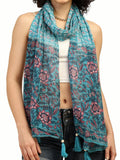 KE KANHA EXPORTS Scarf for Women Premium Cotton Boho | Dual Tone Border Print Stole with Tassels | Lightweight Summer Beach Wrap 180 x 50 cm (Aqua Blossom Blue)