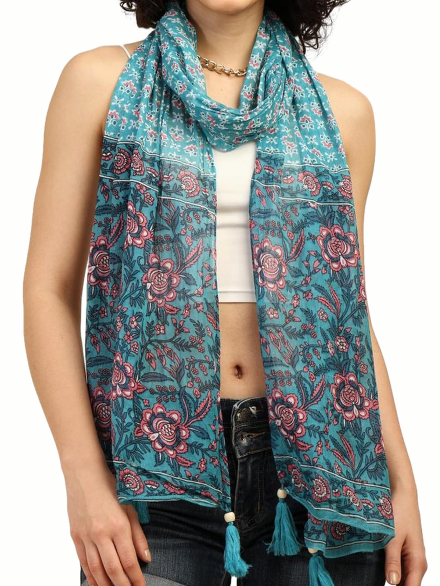 KE KANHA EXPORTS Scarf for Women Premium Cotton Boho | Dual Tone Border Print Stole with Tassels | Lightweight Summer Beach Wrap 180 x 50 cm (Aqua Blossom Blue)