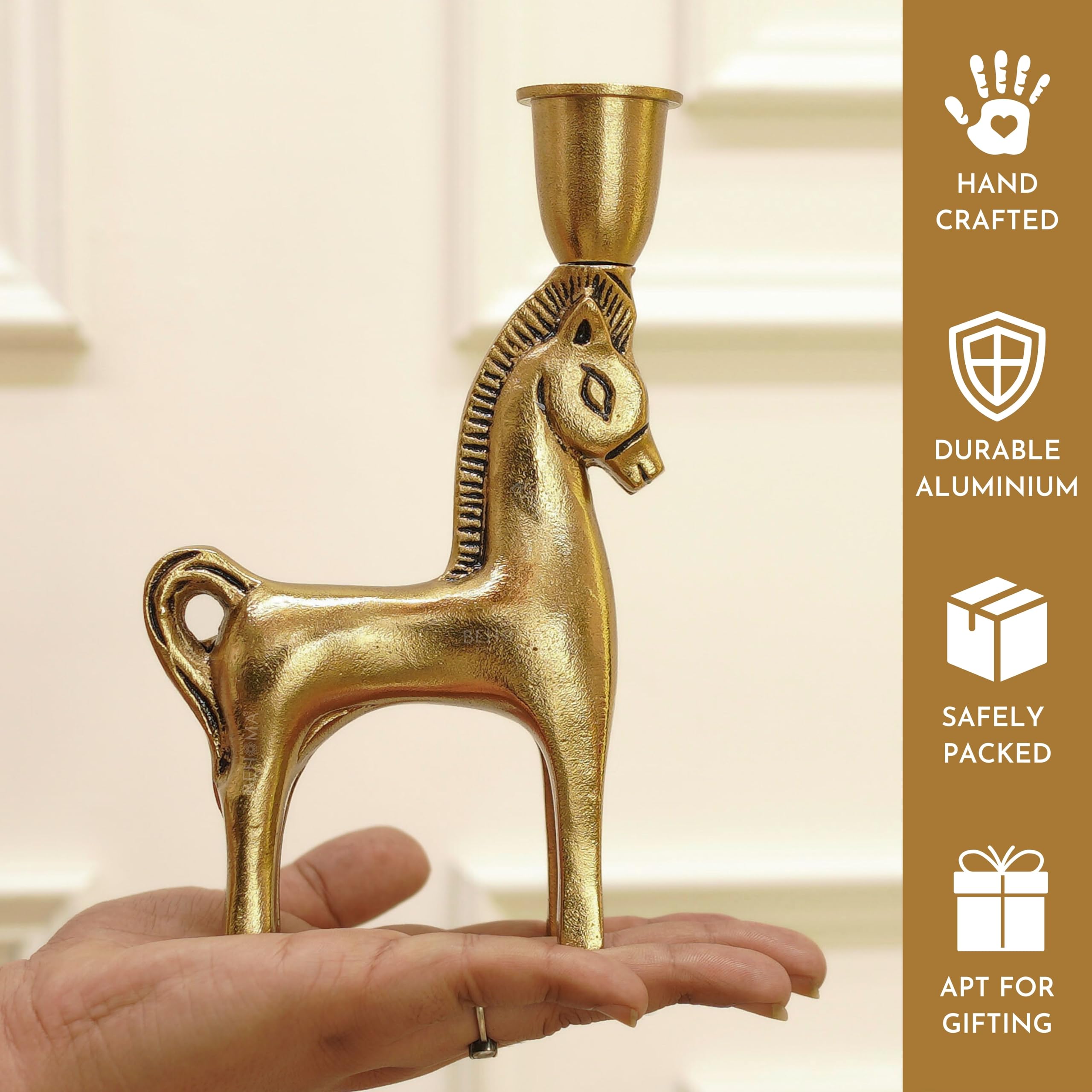 BEHOMA Handcrafted Metal Horse Candle Holder, Golden
