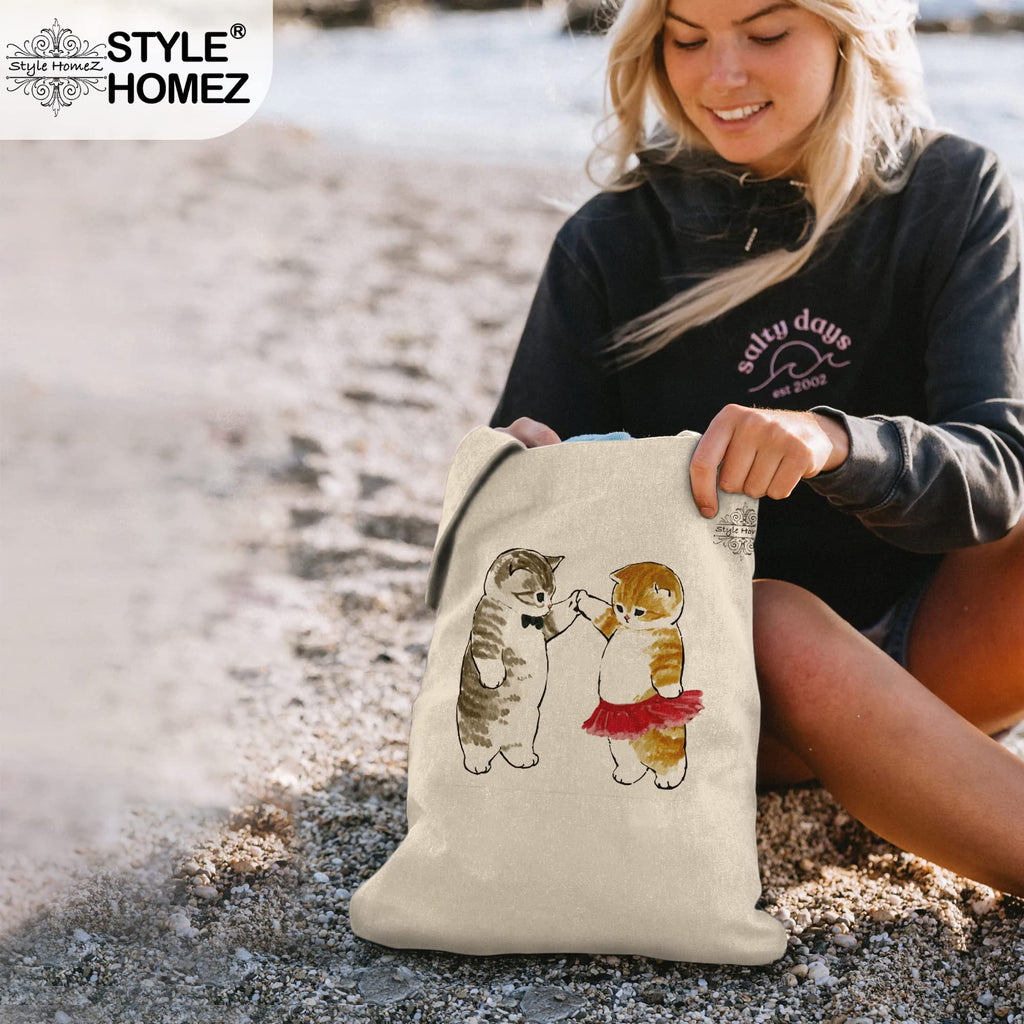 Style Homez Classic Eco-Friendly & Reusable Cotton Canvas Grocery Tote Bag, Medium Size 16 x 14 Inch Natural Color (CATS IN SKIRT)