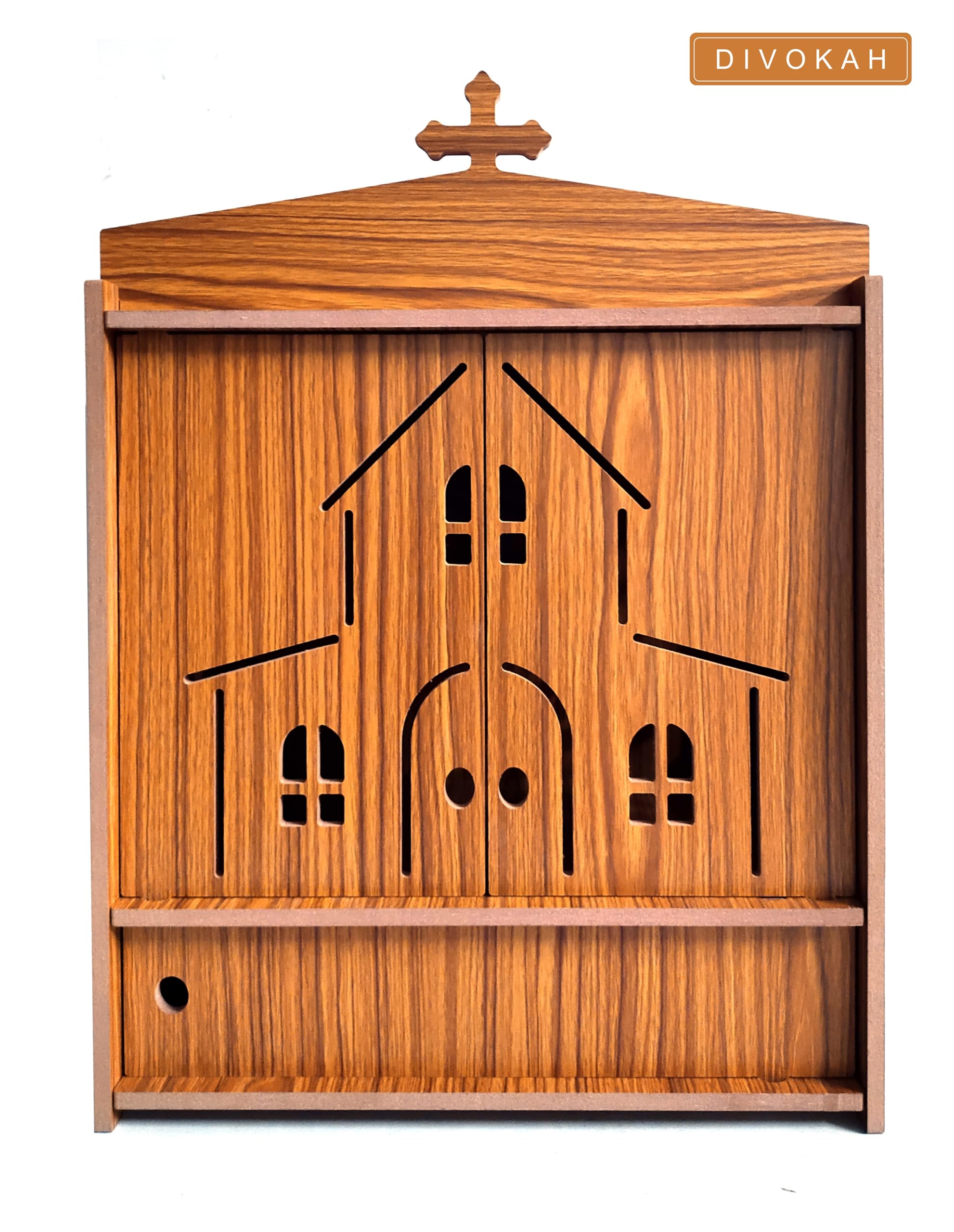 DIVOKAH Beautiful Wooden Christian Temple for Home/Christian Altar (8 Mm Plywood Thickness) (2DOR WDN Altar)