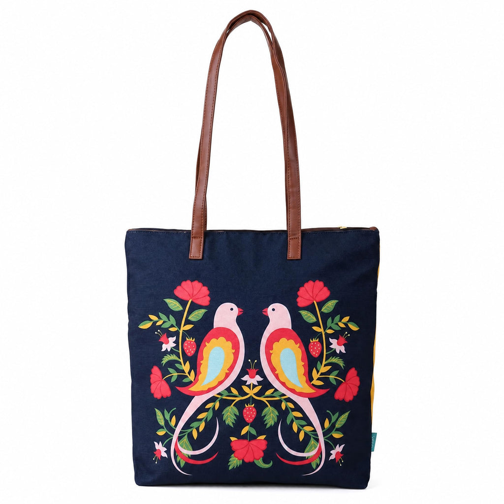 Chumbak Feathered Mates Tote Bag – Canvas Shoulder Bag for Women, Colorful Bird Print, Zipper Closure, Ideal for College, Travel, Office