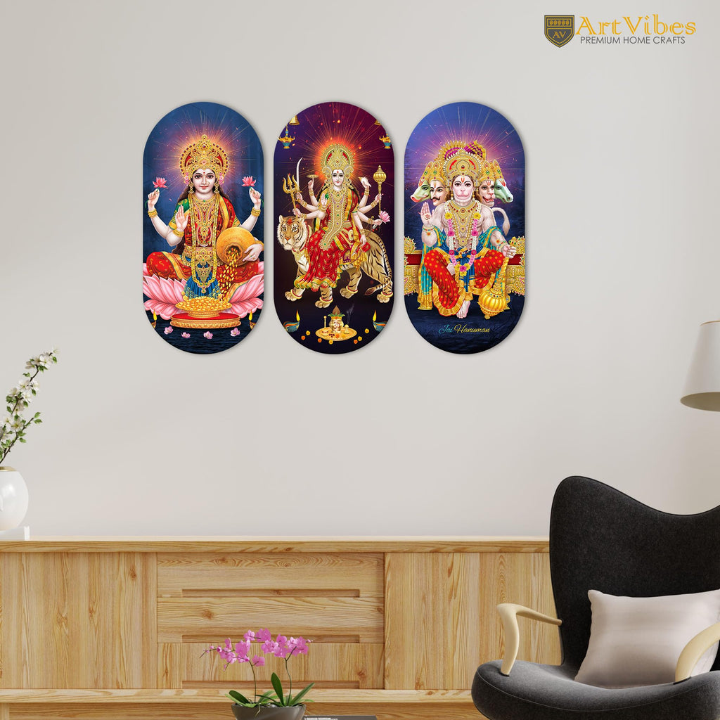 Artvibes Hindu Gods Designer Wooden Wall Hanging Decoration Items for Home | Spiritual Decor Items | Wall Painting | Wall Illustrations| Stylish Modern Decor Item | Gift Items (WH_9020N), Set of 3