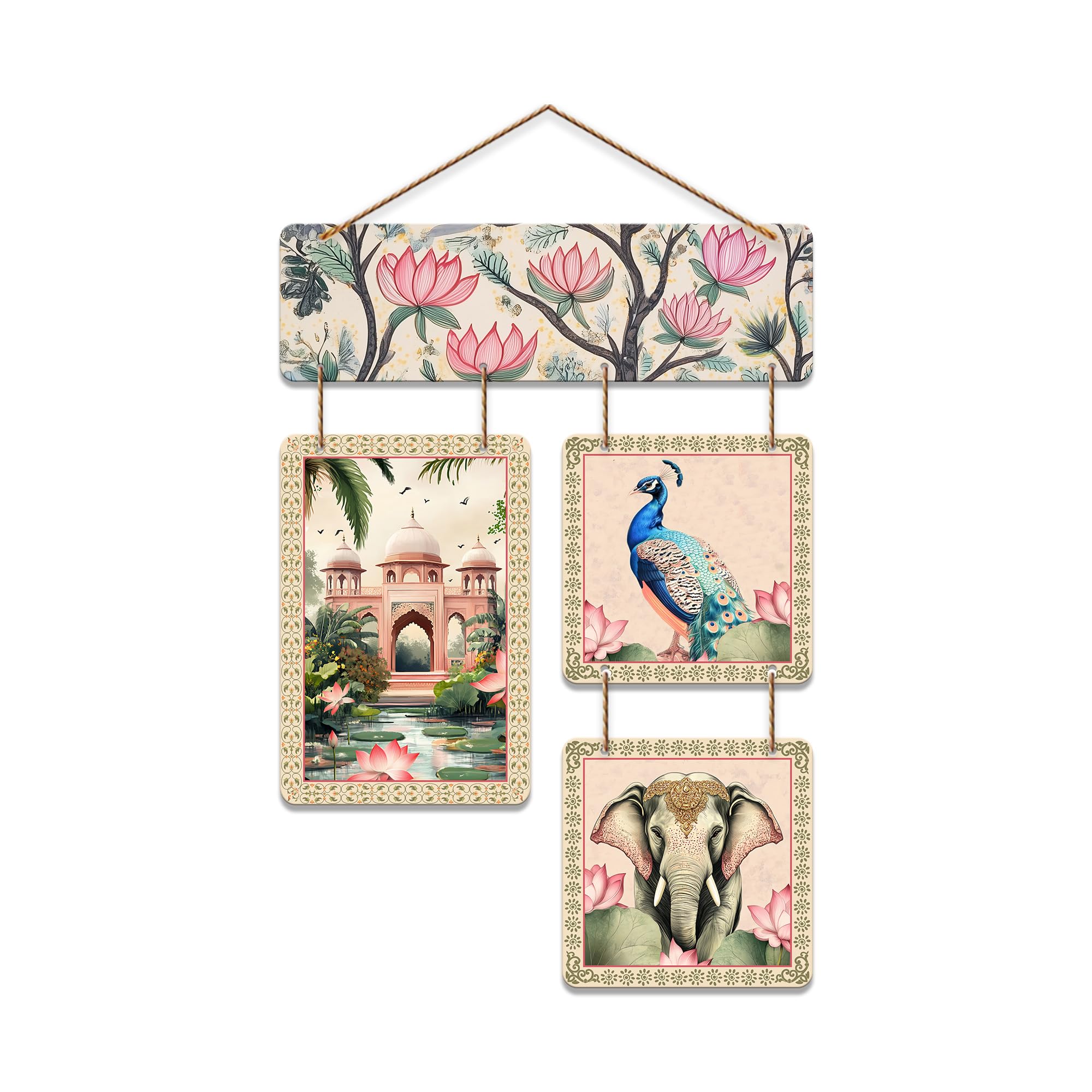 Artvibes Artistic Elephant Peacock & Tomb Pichwai Art Wooden Wall Hanger for Home Decor | Living Room | Office | Wall Art Painting For Hall | Graphic Artwork | Wall Poster | Unique Gift (WH_6536N)