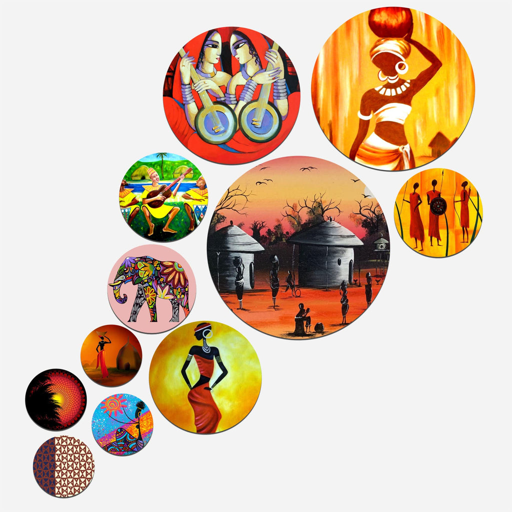 Artvibes African Tribal Dance Folk Art Round Shape MDF Wooden Wall Decor Items | Handcrafted Art | Festive Decor | Aesthetic Wooden Decor | Paintings For Wall | Ideal Gifts (WPS_127N), Set of 11
